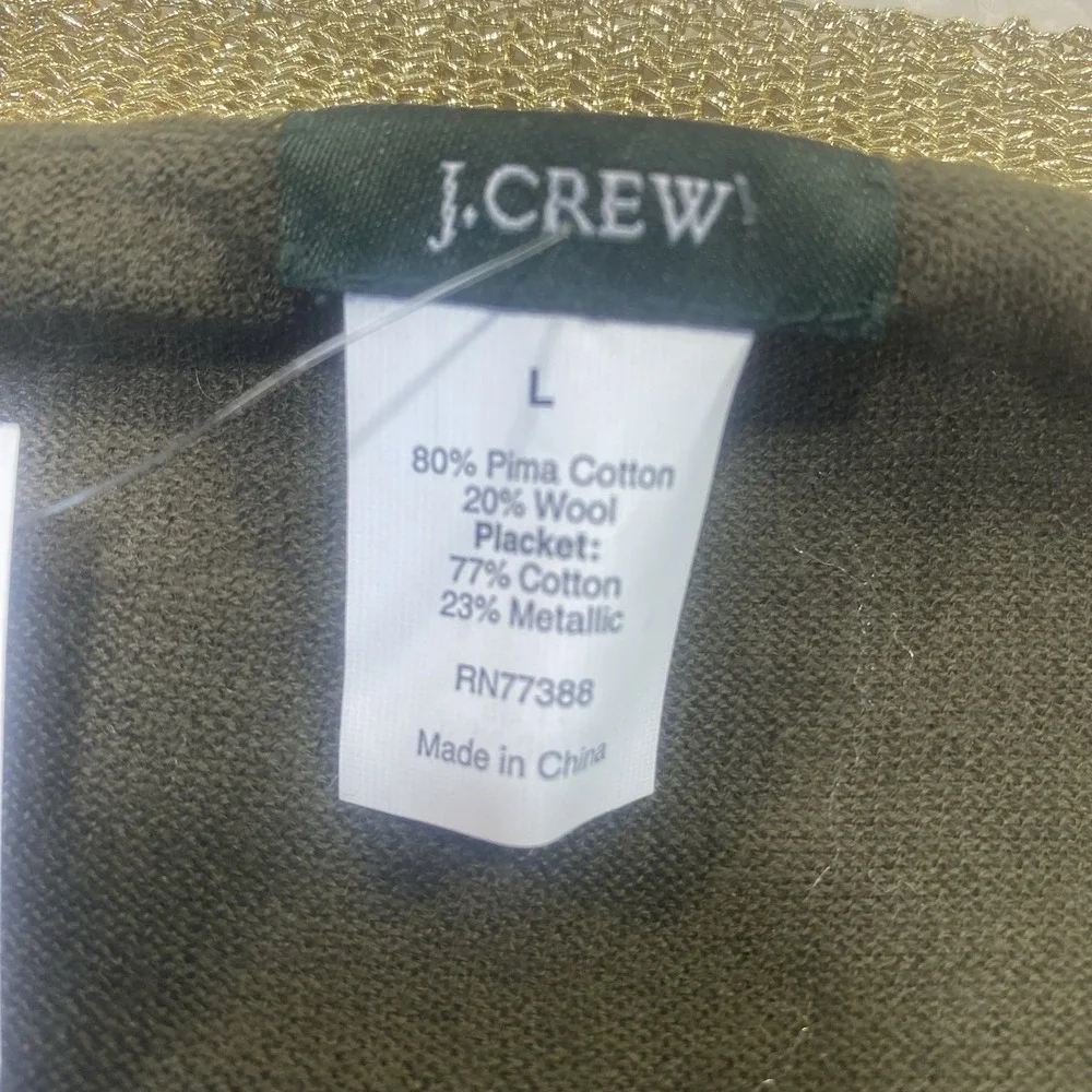 J. Crew Cardigan‎ Sweater Women's M Olive Metallic Gold Trim Cotton Wool